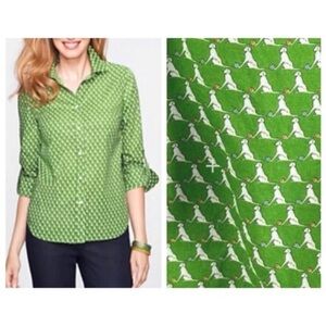Talbots Green Dog Golden Retriever Print Button Down Roll Tab Top Shirt 10